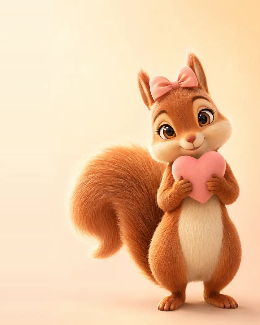 Cute red squirrel with a pink bow holding a heart